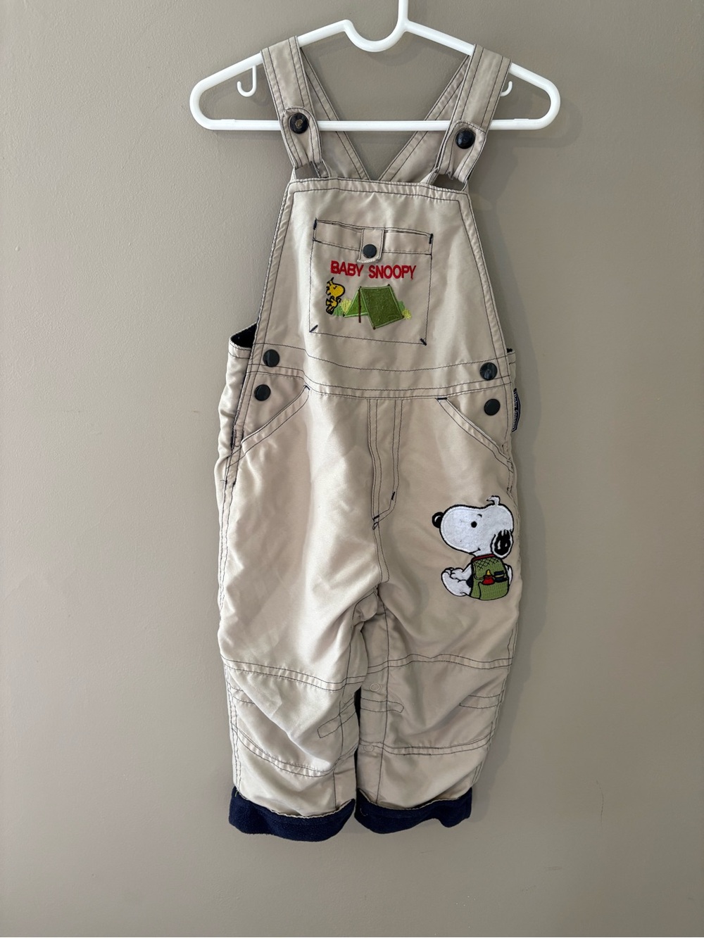 Vintage Peanuts Baby Snoopy Woodstock Overalls Boys 24M Camping Tent Khakis
